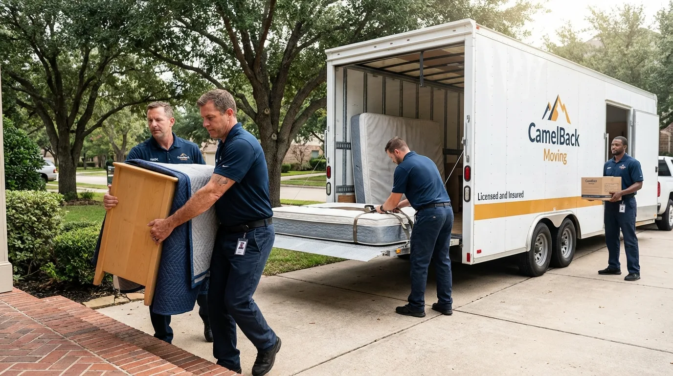 Crew loading residential truck for cross-state move from Lowell, IN