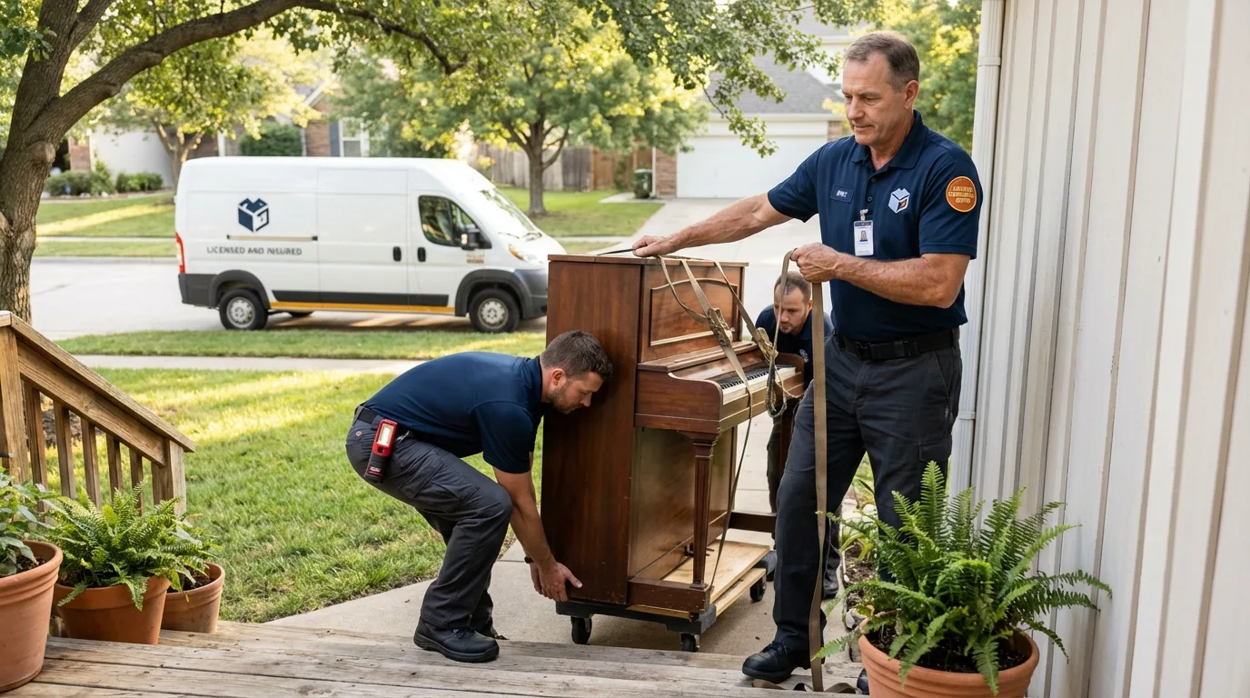 Licensed piano movers securing grand piano in Lowell, IN