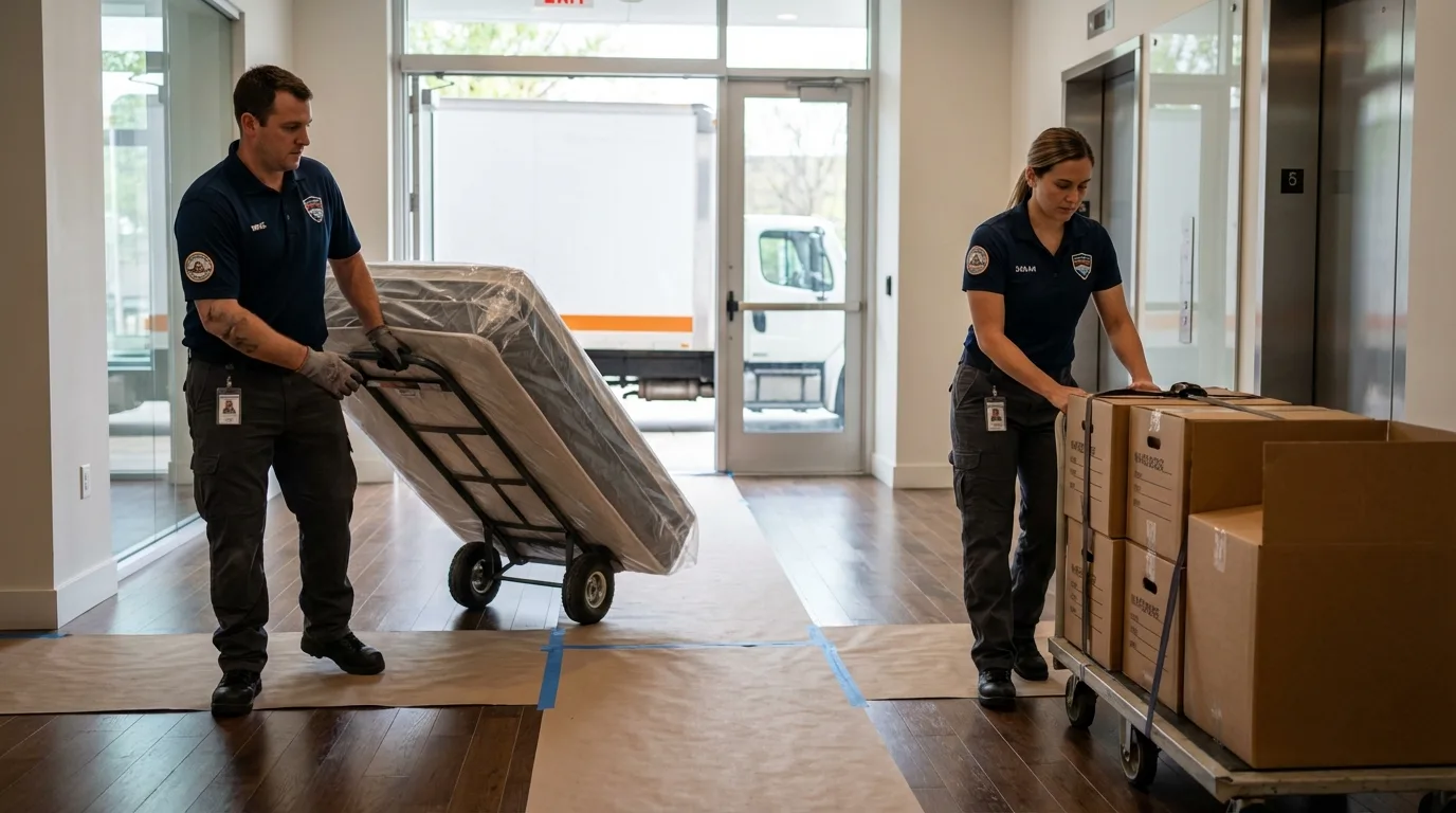 Professional apartment movers loading elevator in Lowell, IN