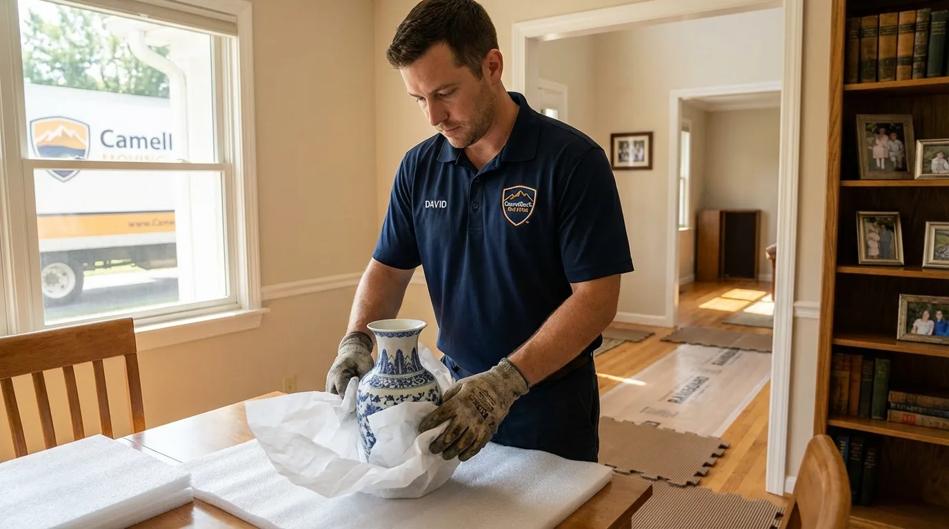Professional crew carefully wrapping antique vase for senior downsizing move in Lowell, IN