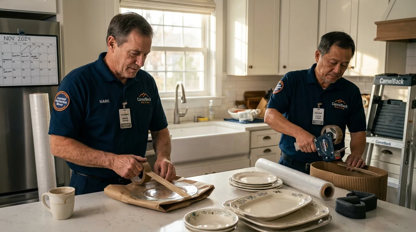 Professional crew packing kitchen dishware in Lowell, IN